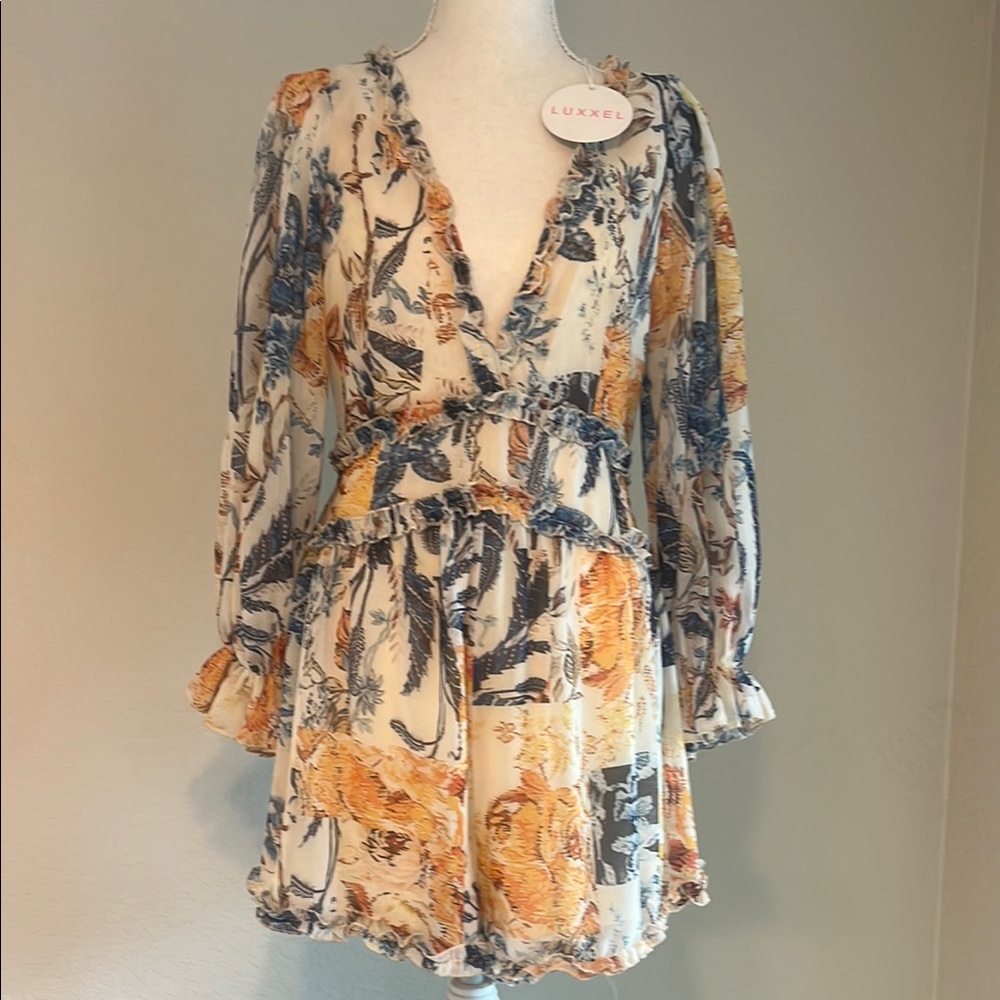 LUXXEL Blue and Orange Romper V Neck With Open Back & Flutter Long Sleeves